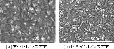 図6 アウトレンズ方式とセミインレンズ方式のFE-SEM の画像例(試料:ITO 膜、2kV)