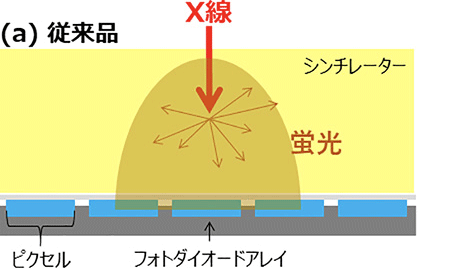 図２　間接変換型 FPD の従来品 (a) と隔壁を利用した開発品(b) の違い（断面図）