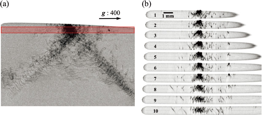 図12　(a)熱処理によって転位が発生したSi 基板の透過トポグラフ像、および(b)50 μm間隔で測定したセクショントポグラフ像。後者によって、結晶表面起源の転位が，結晶内部を伝播する様子が観察される。