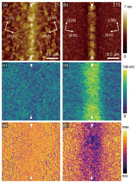 図１　LLTO Σ5 およびΣ13 双結晶から取得した(a)(b)試料表面高さ像、(c)(d)KPFM 表面電位マップ、(e)(f)ESM振幅マップ。